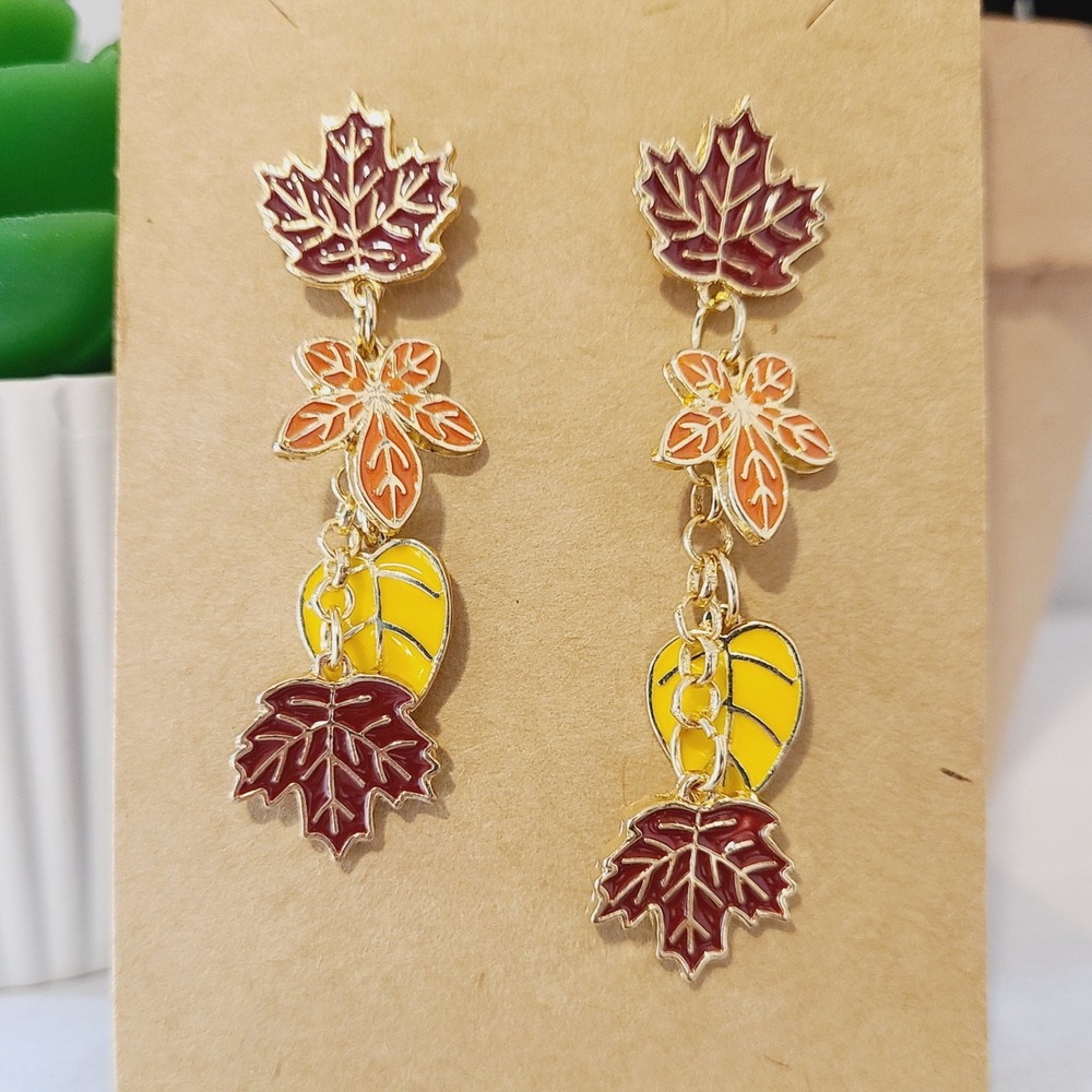 Dangle Earrings Maple Leaf Design Gold Tone‎ Enamel Fall Theme Jewelry Women NEW